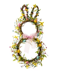 Glitzhome 24.5"H Easter Bunny Shaped Wreath with Eggs Satin Ribbon Bow