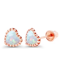 Created White Opal Heart Screwback Earrings Sterling Silver (Also 14k Rose Gold Over or Silver)