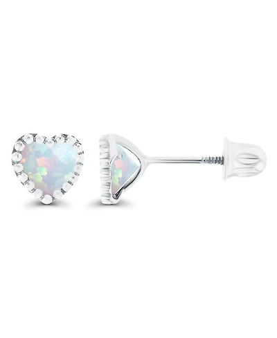 Created White Opal Heart Screwback Earrings Sterling Silver (Also 14k Rose Gold Over or Silver)