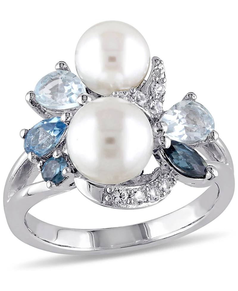 Cultured Freshwater Pearl (6-1/2 & 7-1/2mm) Multicolor Topaz (1-1/2 ct. t.w.) Ring Sterling Silver