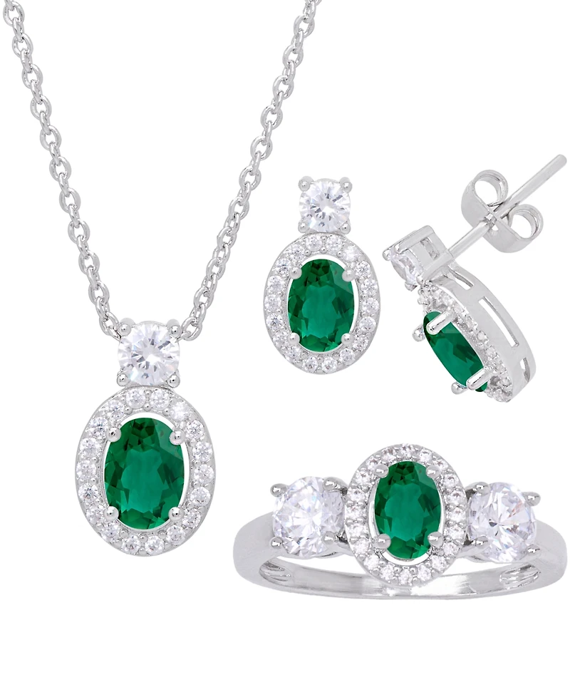 Simulated Emerald Oval Halo 3 Piece, Pendant, Earrings and Ring, Set Silver Plate