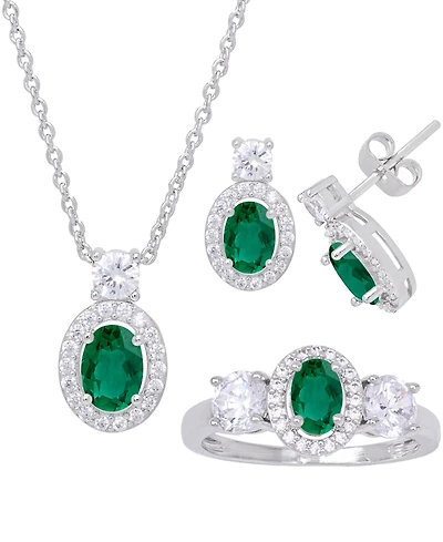 Simulated Emerald Oval Halo 3 Piece, Pendant, Earrings and Ring, Set Silver Plate