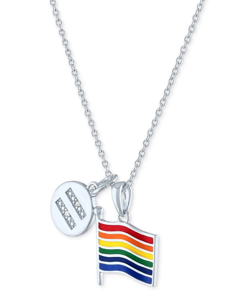 Diamond Accented Disc & Pride Flag Pendant Necklace in Sterling Silver, 16" + 4" extender