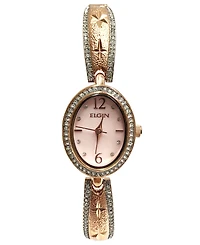 Elgin Women's Oval Face with Diamond Half Bangle Rose-Tone Strap Watch