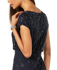 Adrianna Papell Women's Beaded Short-Sleeve Sheer-Overlay Gown