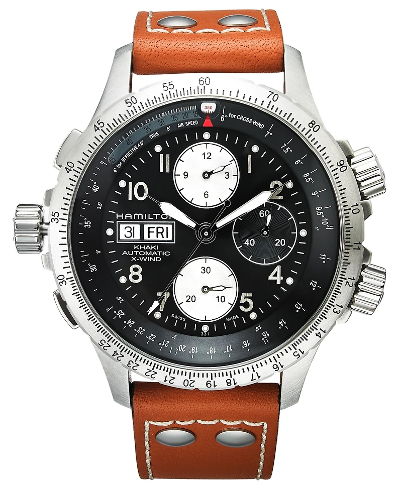 Hamilton Watch, Men's Swiss Automatic Chronograph Khaki X-Wind Brown Leather Strap 44mm H77616533