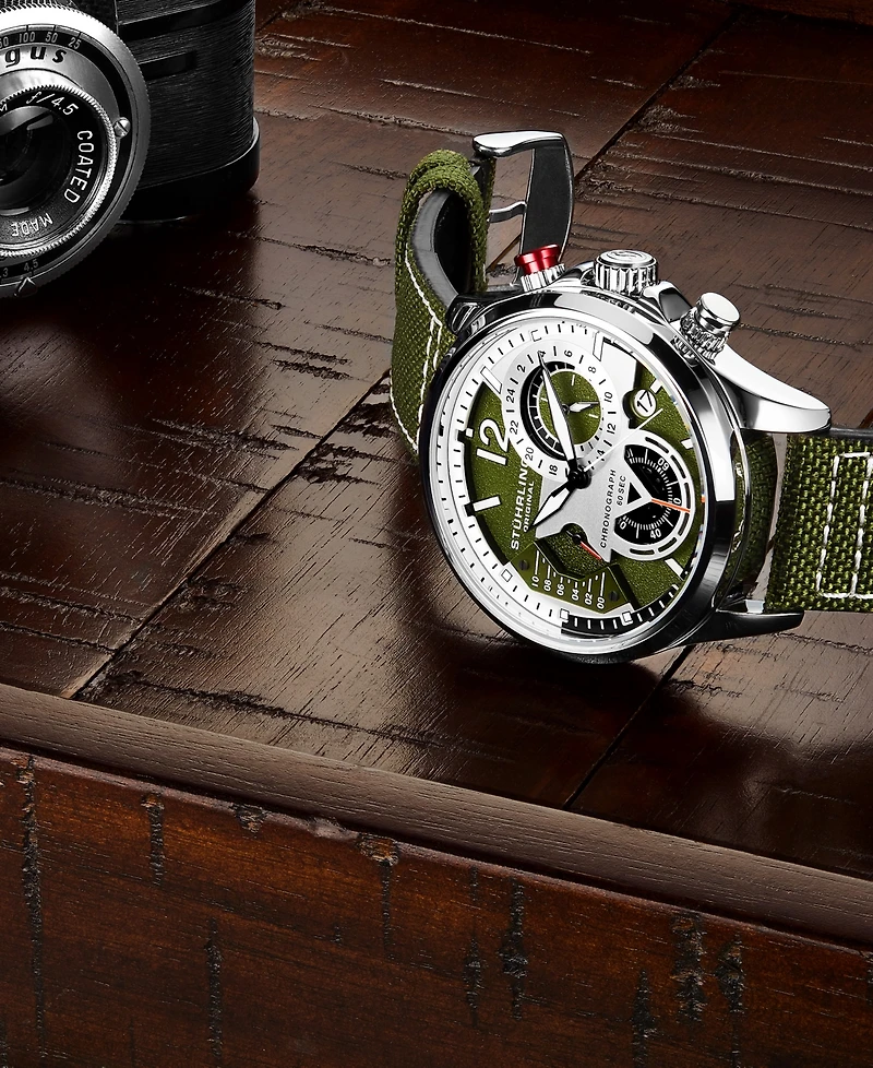 Men's Chronograph Green Genuine Fabric Covered Leather Strap Watch 45mm