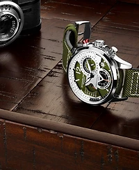 Men's Chronograph Green Genuine Fabric Covered Leather Strap Watch 45mm
