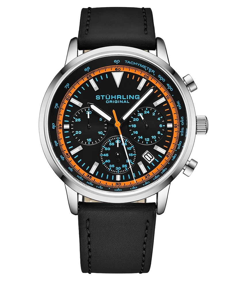 Men's Chrono Black Genuine Leather Strap Watch 44mm