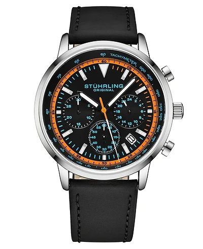 Men's Chrono Black Genuine Leather Strap Watch 44mm