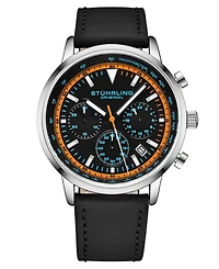 Men's Chrono Black Genuine Leather Strap Watch 44mm
