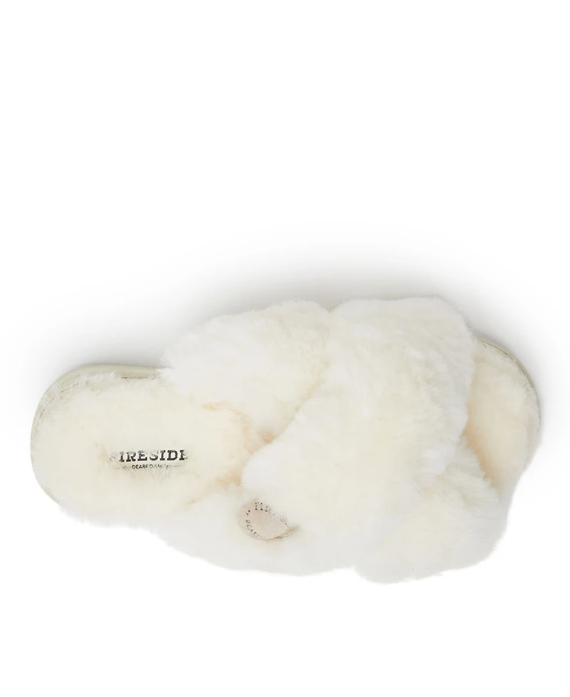 Fireside By Dearfoams Women's New Castle Genuine Shearling Cross Band Fuzzy Slide Slipper