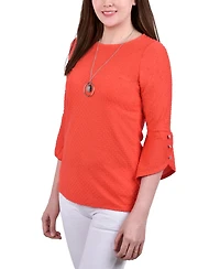 Ny Collection Petite 3/4 Tulip Sleeve Top with Necklace