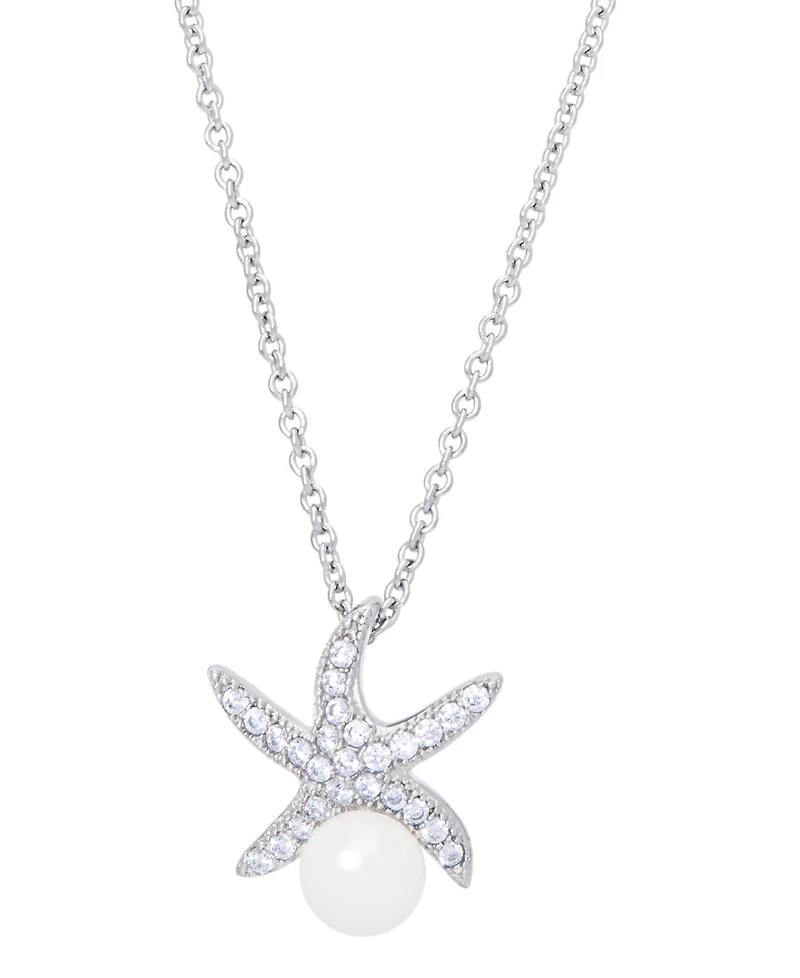 Genuine Freshwater Pearl Cubic Zirconia Starfish Pendant 18" Necklace in Silver Plate