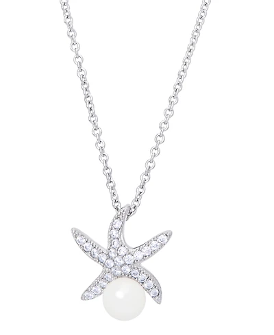 Genuine Freshwater Pearl Cubic Zirconia Starfish Pendant 18" Necklace in Silver Plate