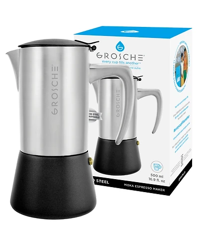 Grosche Milano Steel Stainless Steel Stovetop Espresso Maker Moka Pot 10 Espresso Cup Size 16.9 oz