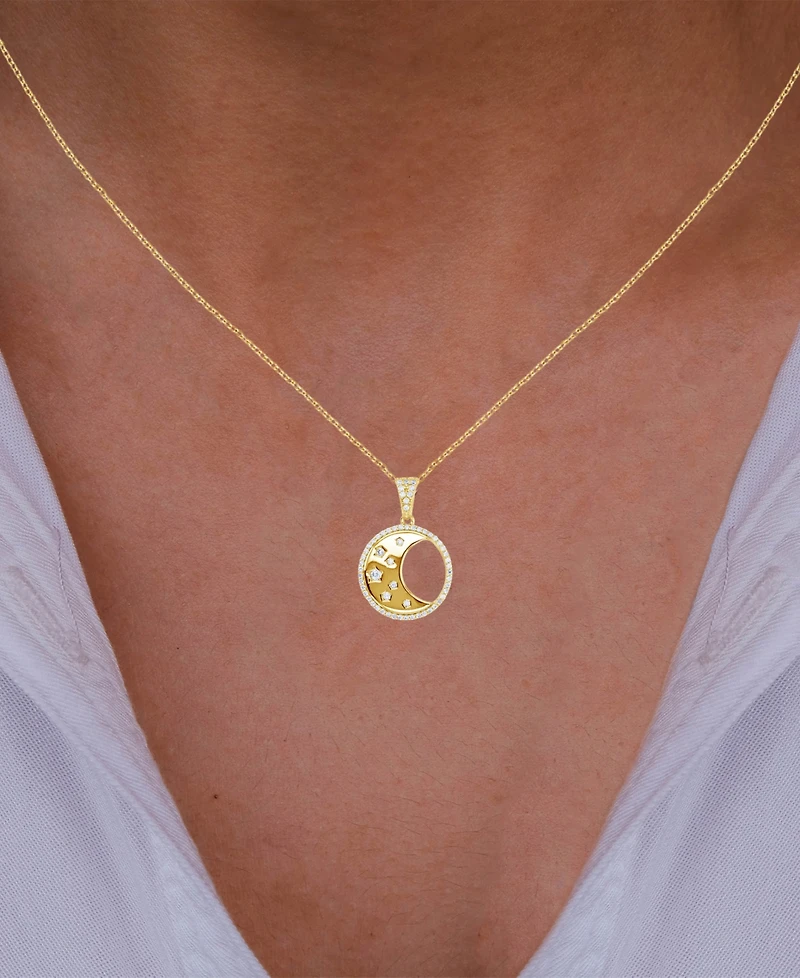Cubic Zirconia Crescent Moon Disc 18" Pendant Necklace in 14k Gold-Plated Sterling Silver