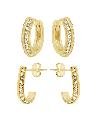 and Now This Cubic Zirconia Huggie Hoop J Duo Set, Gold Plate Silver