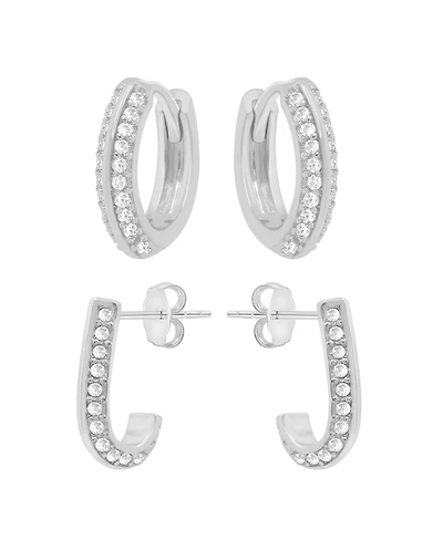 And Now This Cubic Zirconia Huggie Hoop and J Hoop Duo Set, Gold Plate and Silver Plate