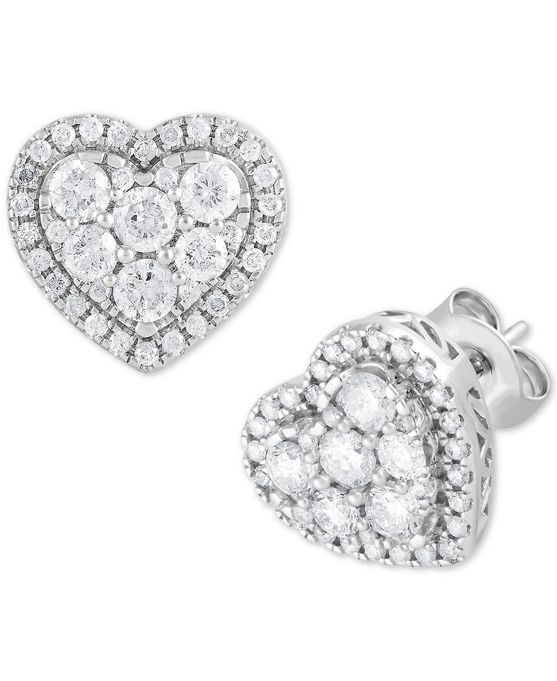 Diamond Heart Halo Cluster Stud Earrings (1 ct. t.w.) in 14k White Gold