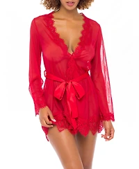 Oh La Cheri Eyelash Lace Robe with Satin Sash & Thong 2pc Lingerie Set