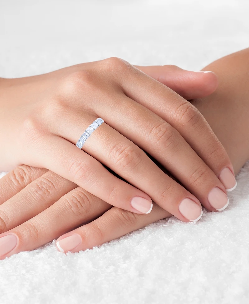 White Princess Cut Cubic Zirconia Eternity Band Rhodium Plated Sterling Silver