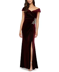 Alex Evenings Petite Velvet Off-The-Shoulder Evening Gown