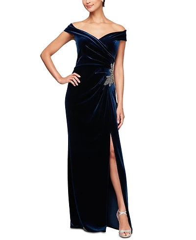 Alex Evenings Petite Velvet Off-The-Shoulder Evening Gown
