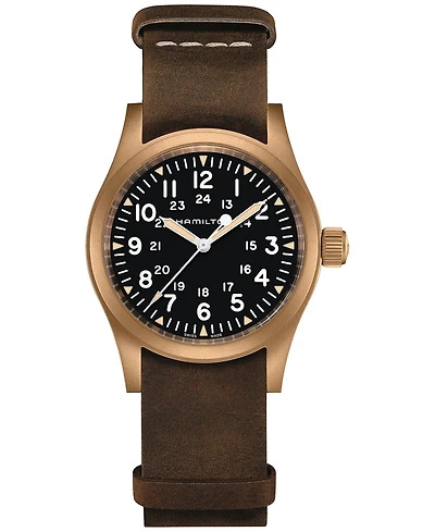 Hamilton Men's Swiss Mechanical Khaki Field Brown Leather Strap Watch 38mm