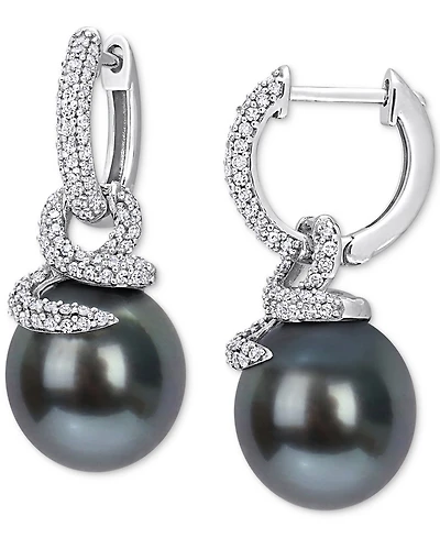 Cultured Tahitian Pearl (10-11mm) & Diamond (1/2 ct. t.w.) Coiled Huggie Hoop Earrings in 14k White Gold