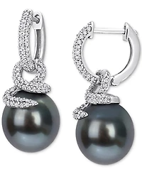 Cultured Tahitian Pearl (10-11mm) & Diamond (1/2 ct. t.w.) Coiled Huggie Hoop Earrings in 14k White Gold