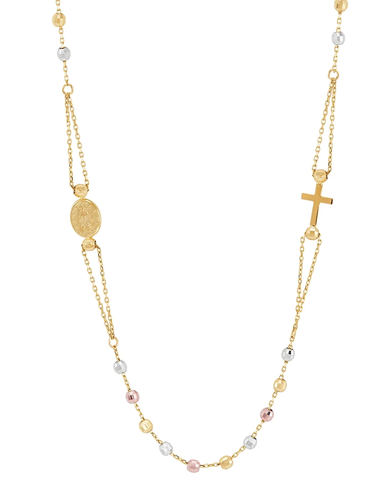 Cross & Medallion 17-1/2" Rosary Necklace in 10k Tricolor Gold