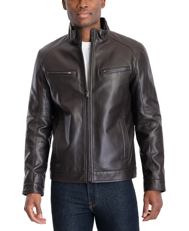 Michael Kors Men's Perforated Faux Leather Moto Jacket, Created for Macy's