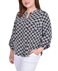 Ny Collection Plus 3/4 Sleeve Roll Tab Y Neck Blouse