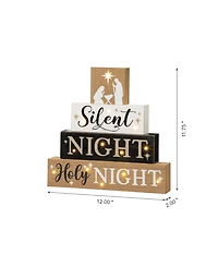 Glitzhome Lighted Wooden Nativity Block Sign, 12"