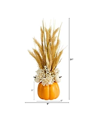 21" Autumn Dried Wheat and Pumpkin Artificial Fall Arrangement in Decorative Pumpkin Vase