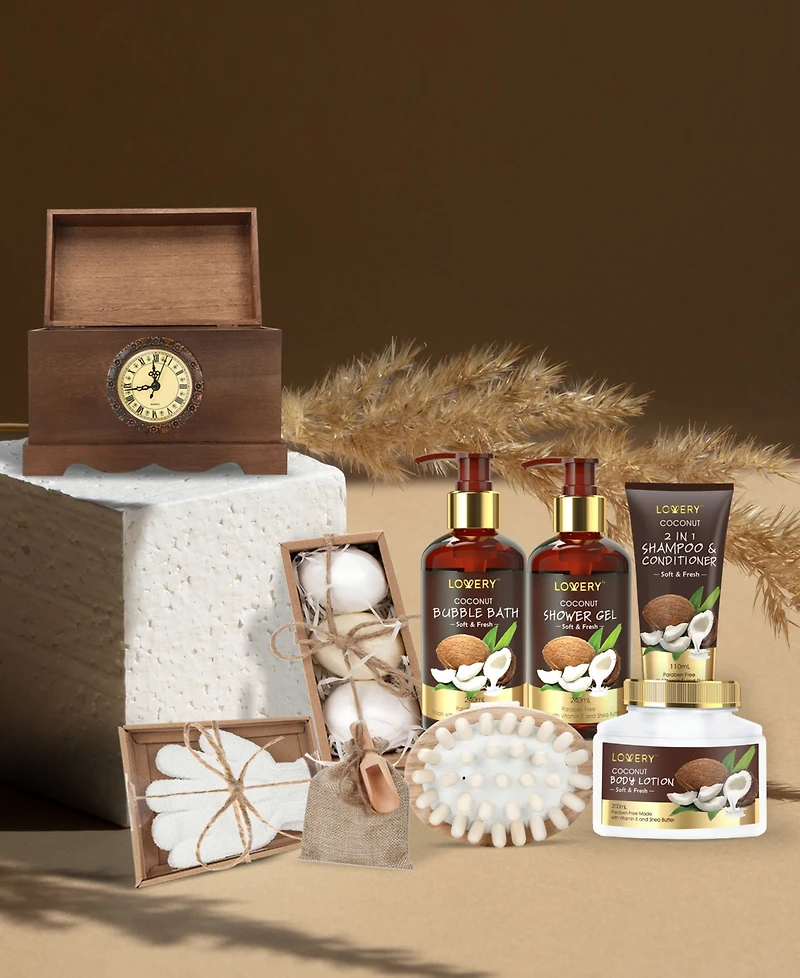 Lovery Vintage-like Clock Box Body Care Gift Set, Coconut Relaxing Home Spa Set, 13 Piece