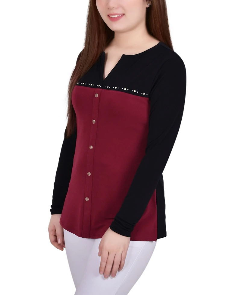 Women's Studded Color Blocked Split Neck Top