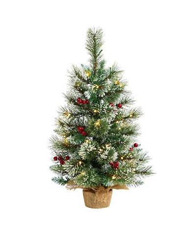 Nearly Natural Snow Tipped Pine and Berry Artificial Christmas Tree with 35 Warm Led Lights in Burlap Base, 2'