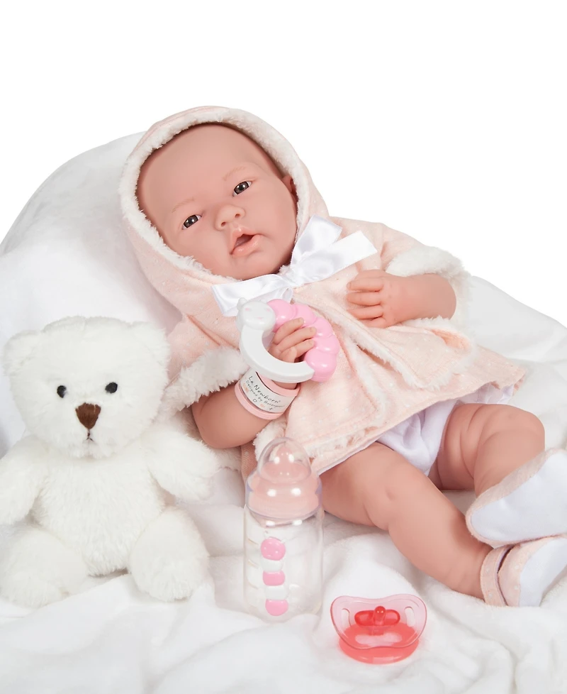 Jc Toys La Newborn 15" Real Girl Baby Doll with Teddy Bear Set, 9 Pieces