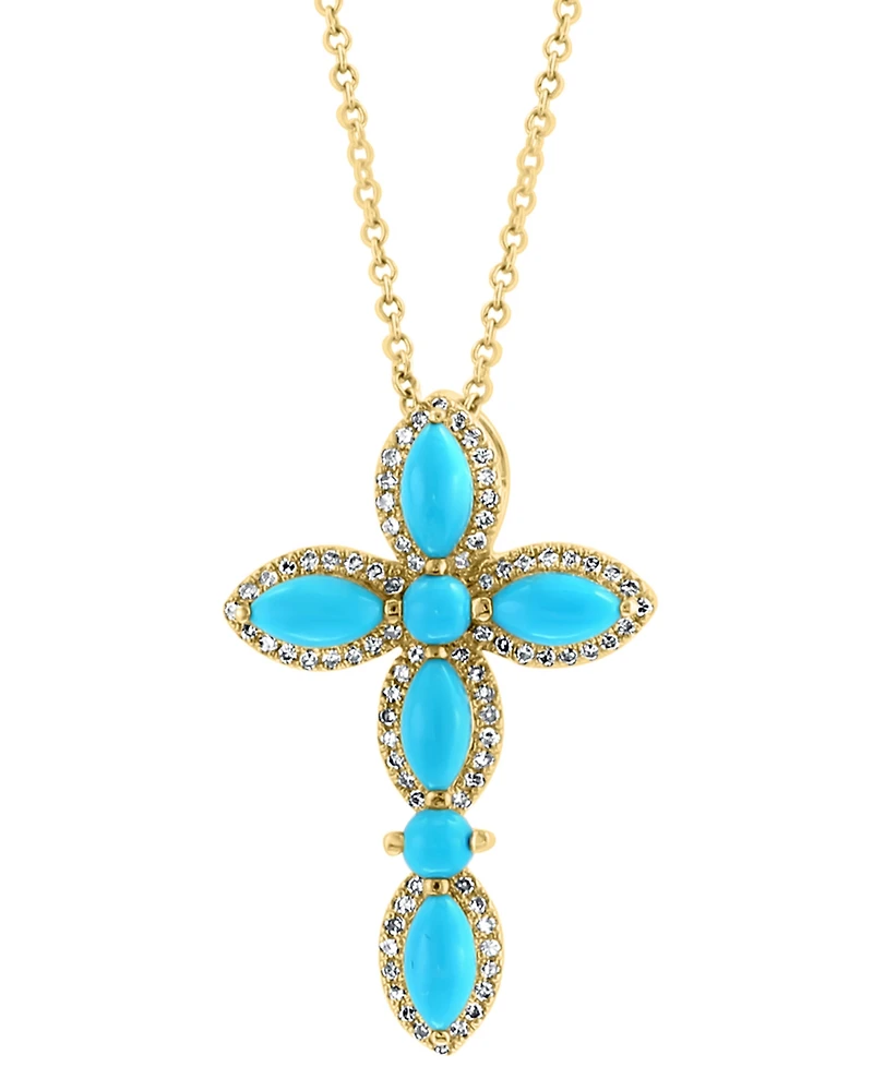 Effy Turquoise & Diamond (1/5 ct. tw.) Cross 18" Pendant Necklace in 14k Gold