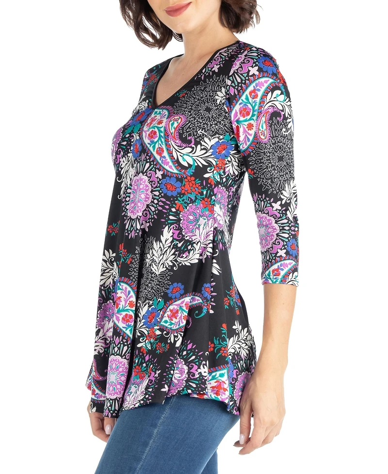 Women's Paisley Print Three Quarter Sleeve Tunic Top