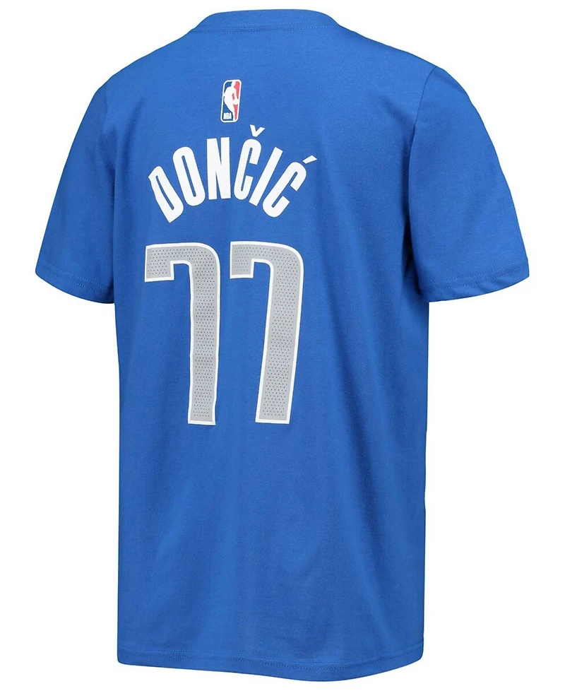 Big Boys and Girls Luka Doncic Royal Dallas Mavericks Logo Name and Number T-shirt