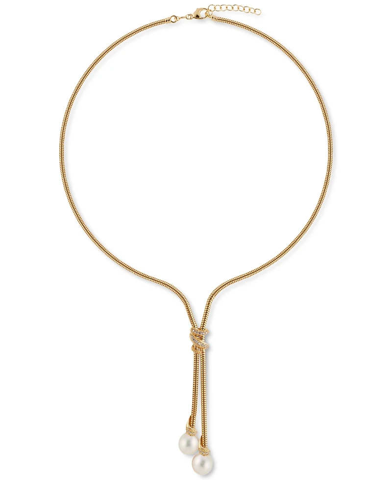 Cultured Freshwater Pearl (8mm) & Cubic Zirconia Lariat Necklace in 14k Gold-Plated Sterling Silver, 17" + 1" extender