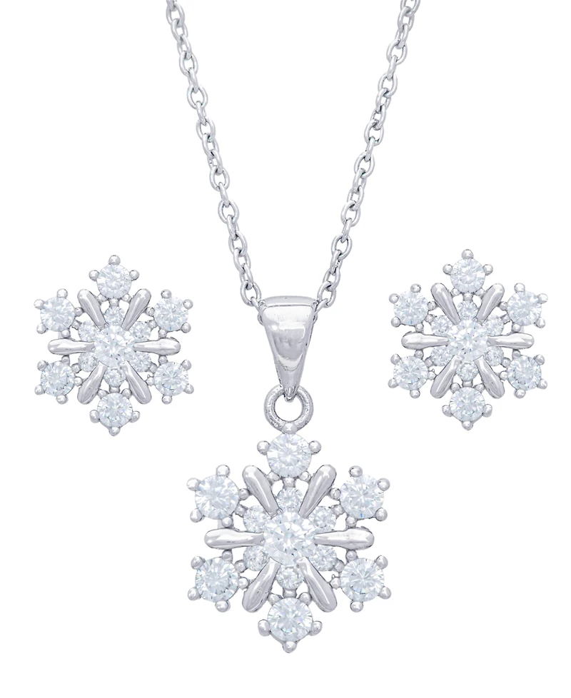 Silver Plated Cubic Zirconia Snowflake Earrings and Pendant Necklace Set