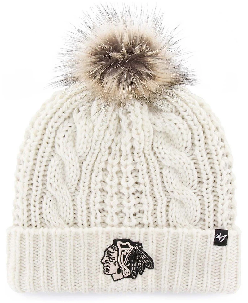 Women's White Chicago Blackhawks Logo Meeko Cuffed Knit Hat with Pom