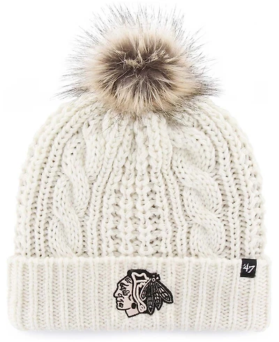Women's White Chicago Blackhawks Logo Meeko Cuffed Knit Hat with Pom