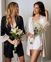 Flora By Flora Nikrooz Kit Heart Lace Charmeuse Wrap Robe Cami Tap Shorts Pajama Set