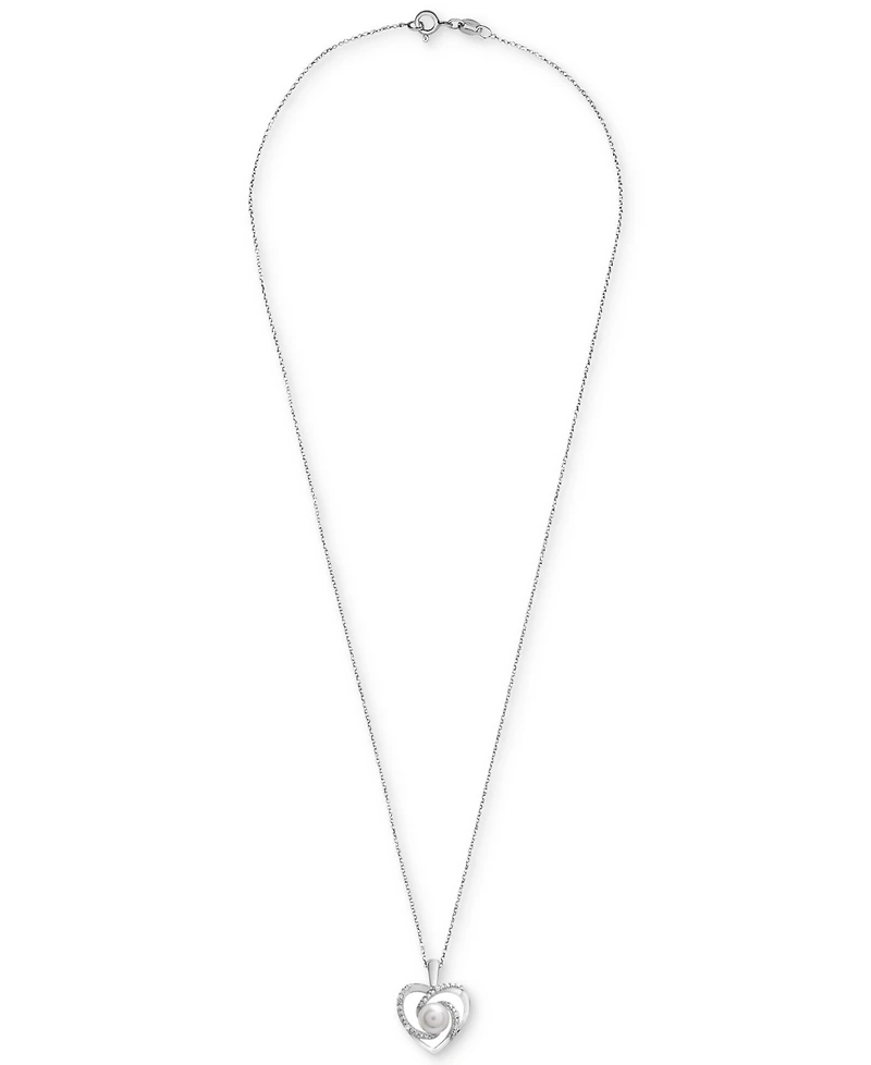 Cultured Freshwater Pearl (6mm) & Diamond Accent Swirl Heart 18" Pendant Necklace in Sterling Silver