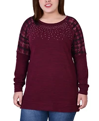 Plus Size Long Sleeve Knit with Print Shoulder Insets Top